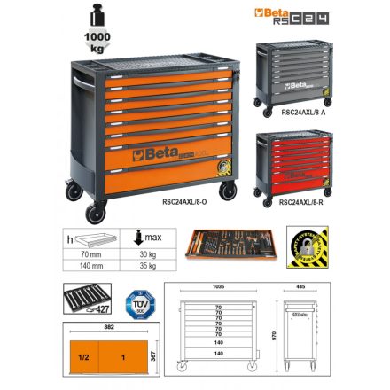 BETA RSC24AXL/8 | RSC24AXL/8-A-8 FIÓKOS SZERSZÁMKOCSI BORULÁSGÁTLÓ RENDSZERREL, HOSSZÚ MODELL