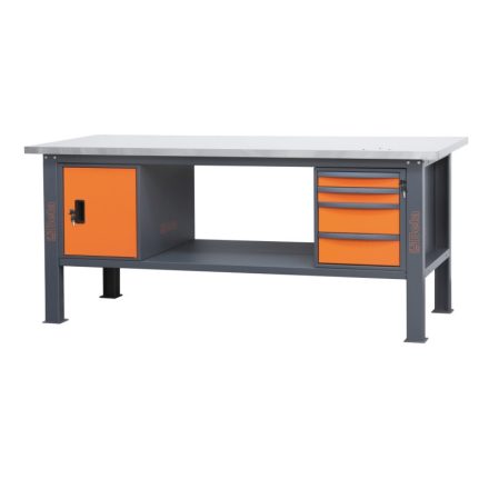 BETAC58BC-X2,1 4CA/O|C58BC-X2,1 4CA/O Rozsdamentes acéllal fedett MDF munkalapos munkapad, 2,1 m széles, 4 fiókkal és ajtós modullal