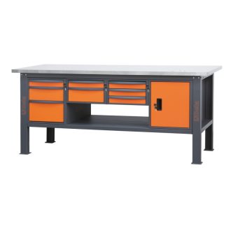   BETAC58BC-X2,1 8CA/A|C58BC-X2,1 8CA/A Rozsdamentes acéllal fedett MDF munkalapos munkapad, 2,1 m széles, 8 fiókkal és ajtós modullal