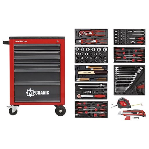 GedoreRed komplett szerszámkocsi MECHANIC szerszámokkal 119 részes 6 fiókos R21560001
