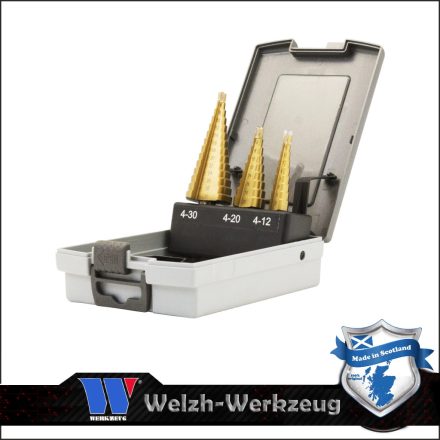 4098-WW | Lemezfúró, lépcsős - készletben 3 db-os HSS TiN 4-30 mm - Welzh