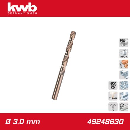 49248630 | Csigafúró  3,0 mm HSS-E Co5 DIN 338 Profi 5% Cobalt - KWB