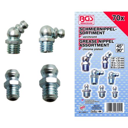 9-8065-1 | Zsírzógomb készlet 70 db-os 1/8" - 1/4" - M6x1.0 - M8x1.0 - M10x1.0 -BGS