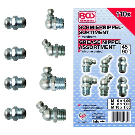 9-8065 | Zsírzógomb készlet 110 db-os M6x1.0 - M8x1.25 - M10x1.5 - BGS