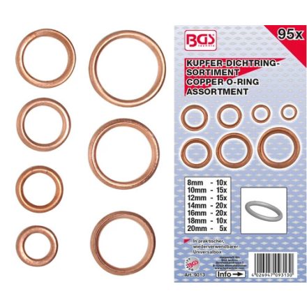 9-9313 | Tömítőgyűrű készlet réz  95 db-os rézalátét metrikus 8-20 mm
