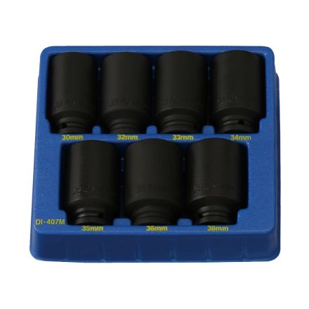 DI-407M | Tálcás Genius dugókulcs, gépi készlet 6 lapú hosszú 1/2" 7 db-os 30-38mm