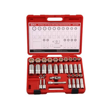 DS-434S | Dugókulcs - crowafej készlet 1/2" 6 lap colos 34 db-os Genius