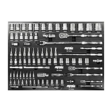 SP05000 | Tálcás SP Tools "M" Dugókulcs + rátűzőkulcs készlet1/4"-3/8"-1/2" 86 db-os