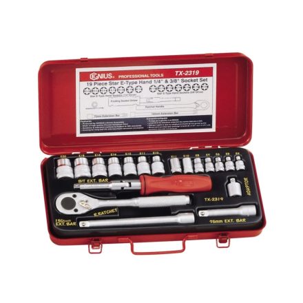 TX-2319 | Dugókulcs készlet 1/4" - 3/8" belső E-torx E4-E20 19 db-os Genius