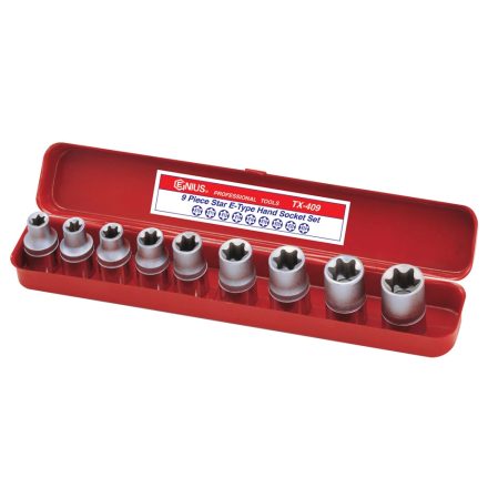 TX-409 | Dugókulcs - crowafej készlet 1/2" belső E-torx E10-E24 9 db-os Genius